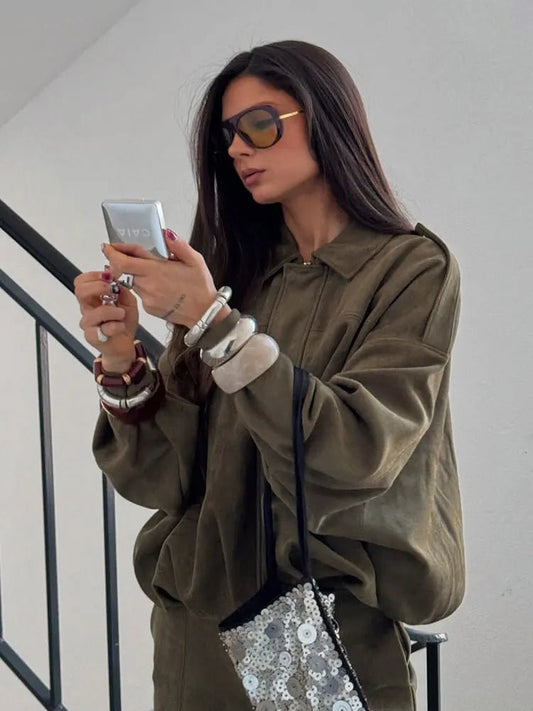 TRAFZA Women Brown Green Suede Jacket Loose Casual Bomber Coat Lapel Zipper Long Sleeve Jackets Vintage Lady Motorcycle Outwears - Avero