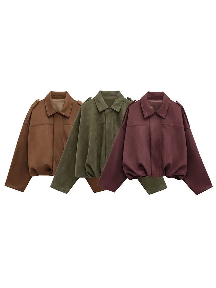 TRAFZA Women Brown Green Suede Jacket Loose Casual Bomber Coat Lapel Zipper Long Sleeve Jackets Vintage Lady Motorcycle Outwears - Avero