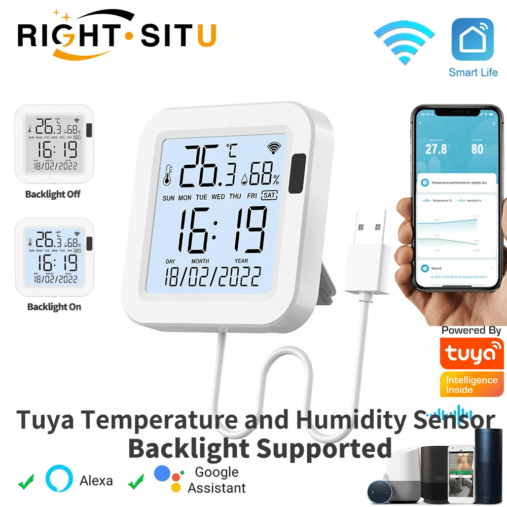 Tuya Temperature and Humidity Smart Sensor With Backlight for Smart Home var WiFi SmartLife Work with Alexa Google Assistant - Avero