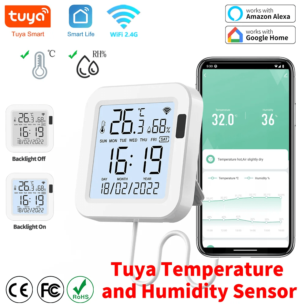 Tuya Temperature and Humidity Smart Sensor With Backlight for Smart Home var WiFi SmartLife Work with Alexa Google Assistant - Avero