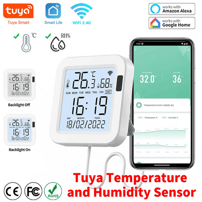 Tuya Temperature and Humidity Smart Sensor With Backlight for Smart Home var WiFi SmartLife Work with Alexa Google Assistant - Avero
