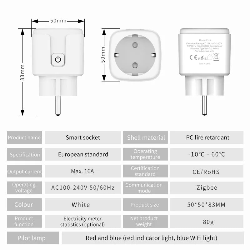 Tuya WiFi Smart Plug Socket EU 16/20A with Power Monitoring Timing Voice Control Works with Alexa Google Home Smart Life - Avero