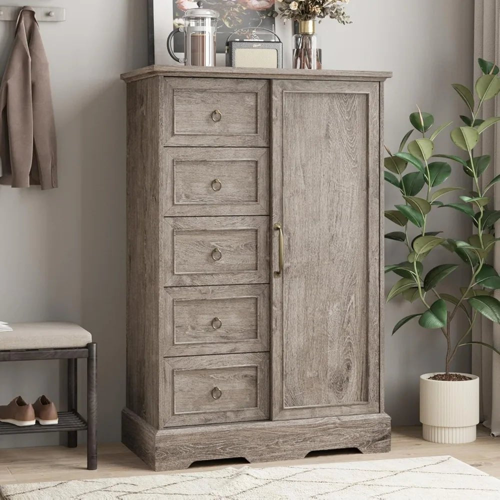 Vabches Dresser for Bedroom, 5 Drawers Dresser Organizer with Sliding Barn Door, 48 Tall Farmhouse Chest of Drawers, Wood Storag - Avero