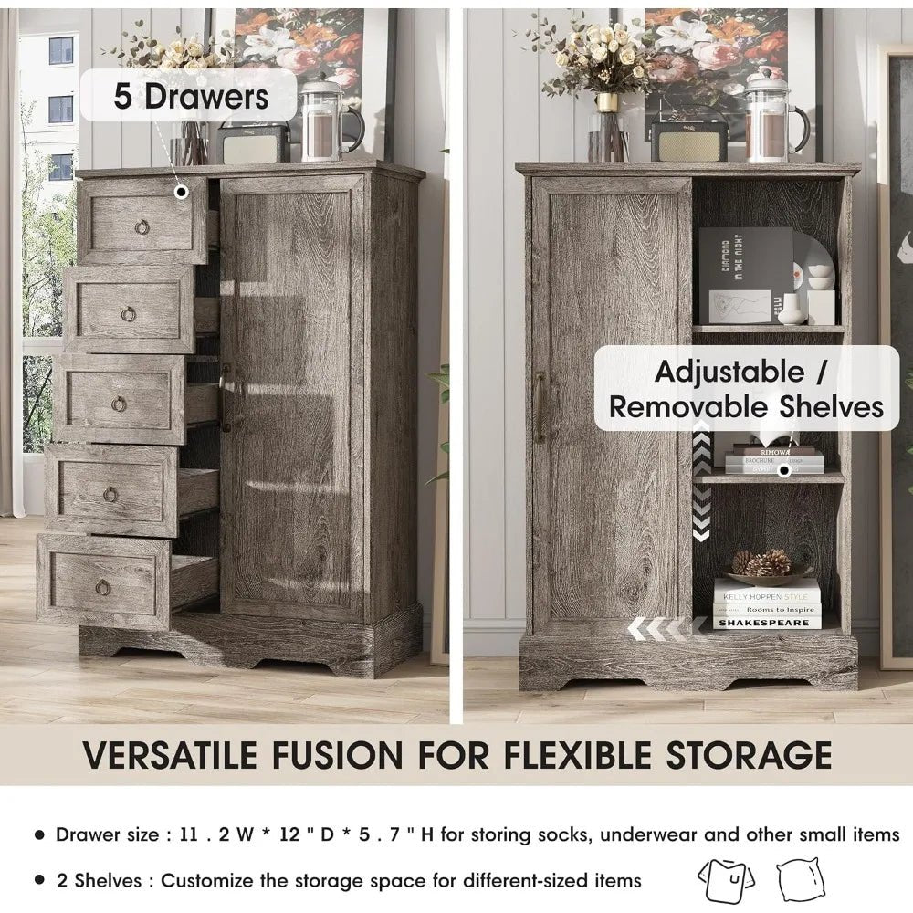 Vabches Dresser for Bedroom, 5 Drawers Dresser Organizer with Sliding Barn Door, 48 Tall Farmhouse Chest of Drawers, Wood Storag - Avero