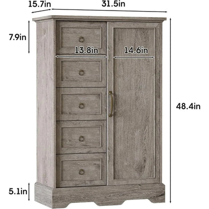 Vabches Dresser for Bedroom, 5 Drawers Dresser Organizer with Sliding Barn Door, 48 Tall Farmhouse Chest of Drawers, Wood Storag - Avero