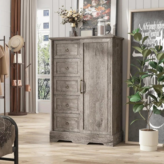 Vabches Dresser for Bedroom, 5 Drawers Dresser Organizer with Sliding Barn Door, 48 Tall Farmhouse Chest of Drawers, Wood Storag - Avero