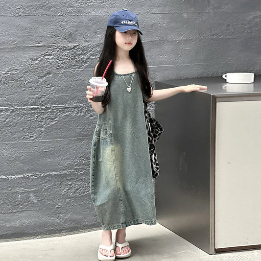 Vintage Blue Children Girls High Quality Sleeveless Denim Dress Streetwear Outfit Fashion Summer Kids Luxury Jeans Clothing - Avero