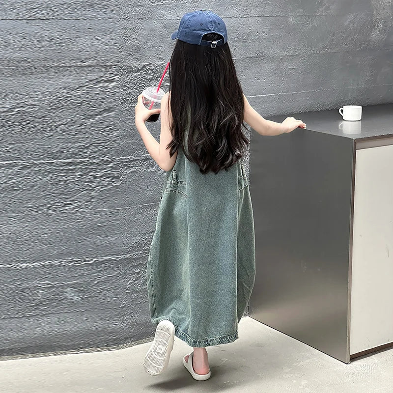 Vintage Blue Children Girls High Quality Sleeveless Denim Dress Streetwear Outfit Fashion Summer Kids Luxury Jeans Clothing - Avero
