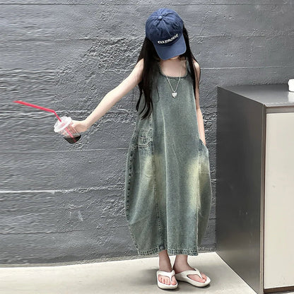 Vintage Blue Children Girls High Quality Sleeveless Denim Dress Streetwear Outfit Fashion Summer Kids Luxury Jeans Clothing - Avero