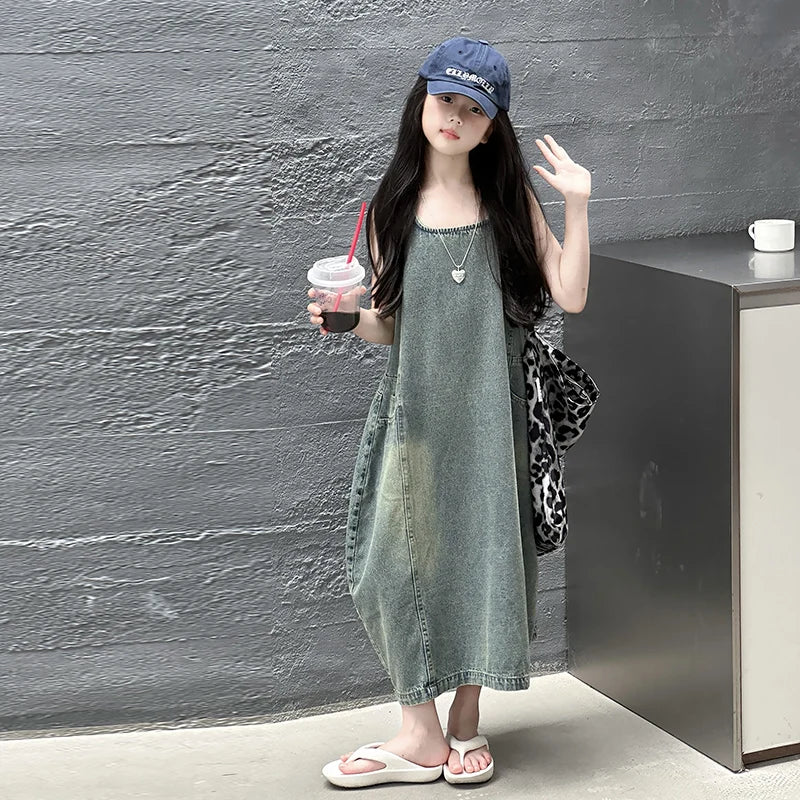 Vintage Blue Children Girls High Quality Sleeveless Denim Dress Streetwear Outfit Fashion Summer Kids Luxury Jeans Clothing - Avero