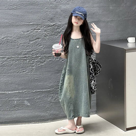 Vintage Blue Children Girls High Quality Sleeveless Denim Dress Streetwear Outfit Fashion Summer Kids Luxury Jeans Clothing - Avero