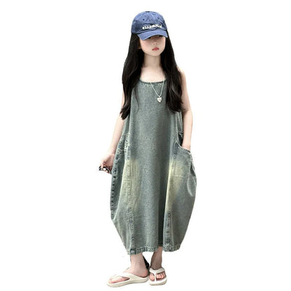 Vintage Blue Children Girls High Quality Sleeveless Denim Dress Streetwear Outfit Fashion Summer Kids Luxury Jeans Clothing - Avero