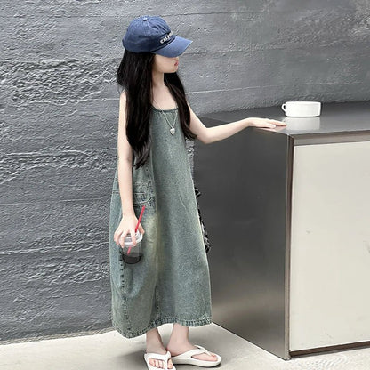 Vintage Blue Children Girls High Quality Sleeveless Denim Dress Streetwear Outfit Fashion Summer Kids Luxury Jeans Clothing - Avero