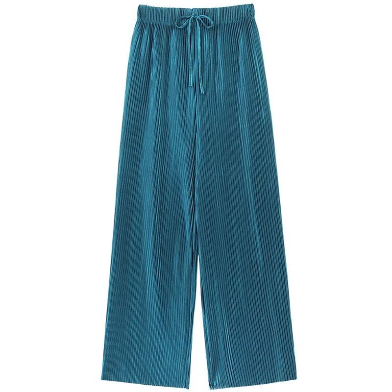 Women Fashion Summer Wide Leg Pants Pleated Ice Silk Trousers Elastic Waist Loose Casual Pants - Avero
