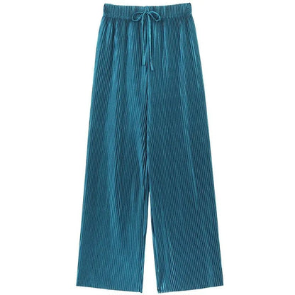 Women Fashion Summer Wide Leg Pants Pleated Ice Silk Trousers Elastic Waist Loose Casual Pants - Avero