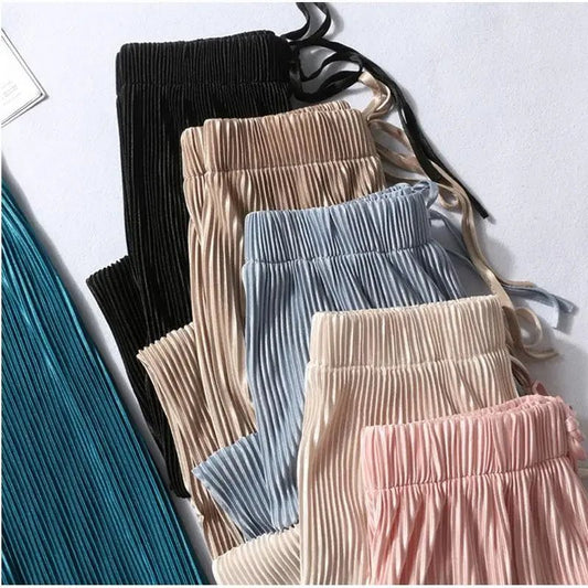 Women Fashion Summer Wide Leg Pants Pleated Ice Silk Trousers Elastic Waist Loose Casual Pants - Avero