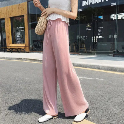Women Fashion Summer Wide Leg Pants Pleated Ice Silk Trousers Elastic Waist Loose Casual Pants - Avero