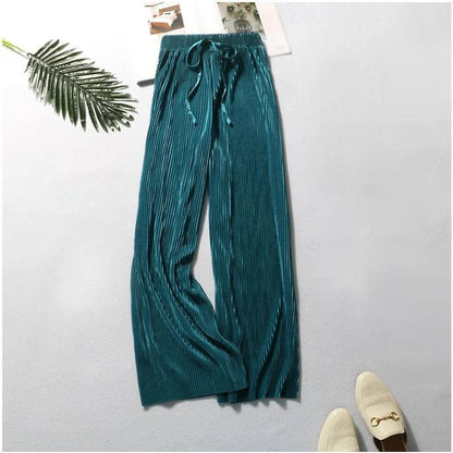 Women Fashion Summer Wide Leg Pants Pleated Ice Silk Trousers Elastic Waist Loose Casual Pants - Avero