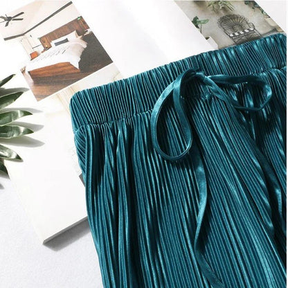 Women Fashion Summer Wide Leg Pants Pleated Ice Silk Trousers Elastic Waist Loose Casual Pants - Avero