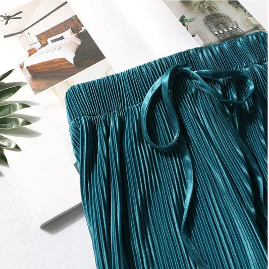 Women Fashion Summer Wide Leg Pants Pleated Ice Silk Trousers Elastic Waist Loose Casual Pants - Avero