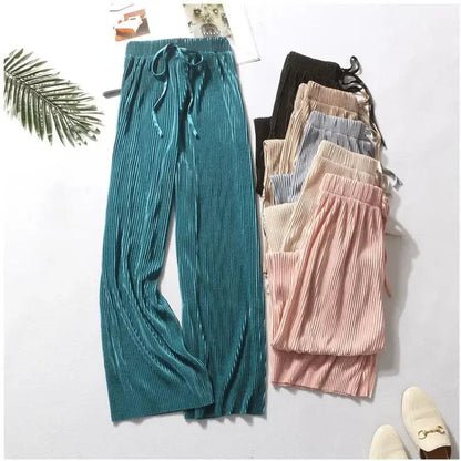 Women Fashion Summer Wide Leg Pants Pleated Ice Silk Trousers Elastic Waist Loose Casual Pants - Avero