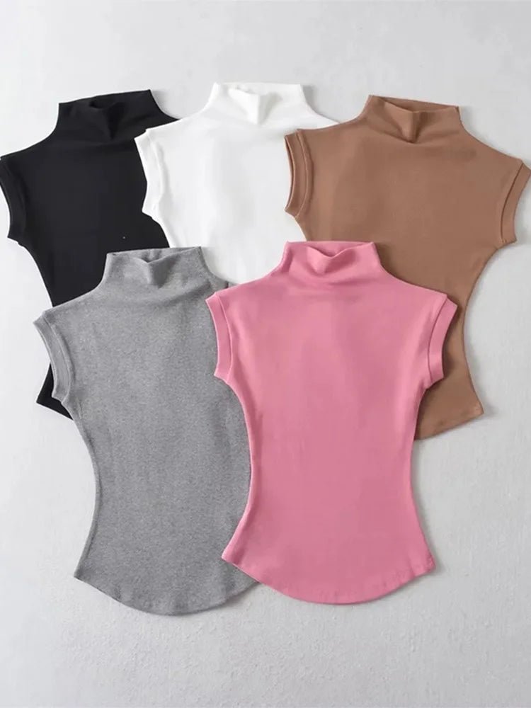 Women Summer Sexy Turtleneck Sleeveless T-Shirts Tops Solid Slim Fit Pullovers Causal Tees Shirts Female Streetwear Basics Tees - Avero