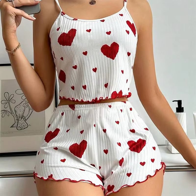 Women'S Pajamas Set Sleepwear 2 PCS Short Tank Tops and Shorts S M L White Ventilate Soft Casual Love Printing - Avero