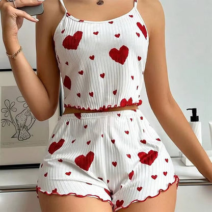 Women'S Pajamas Set Sleepwear 2 PCS Short Tank Tops and Shorts S M L White Ventilate Soft Casual Love Printing - Avero