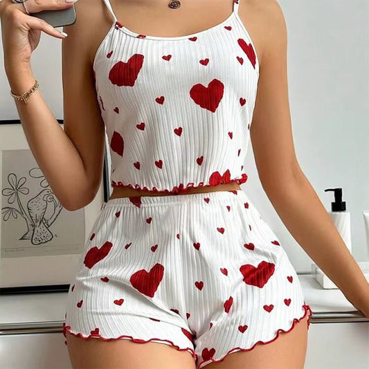 Women'S Pajamas Set Sleepwear 2 PCS Short Tank Tops and Shorts S M L White Ventilate Soft Casual Love Printing - Avero