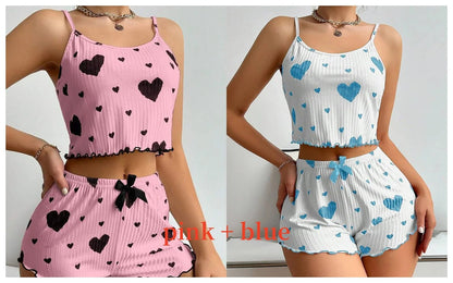 Women'S Pajamas Set Sleepwear 2 PCS Short Tank Tops and Shorts S M L White Ventilate Soft Casual Love Printing - Avero