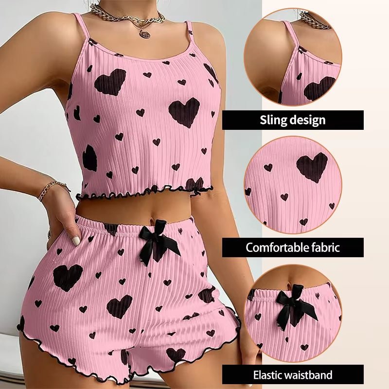 Women'S Pajamas Set Sleepwear 2 PCS Short Tank Tops and Shorts S M L White Ventilate Soft Casual Love Printing - Avero