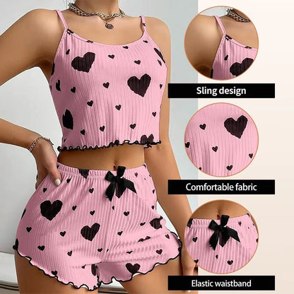 Women'S Pajamas Set Sleepwear 2 PCS Short Tank Tops and Shorts S M L White Ventilate Soft Casual Love Printing - Avero