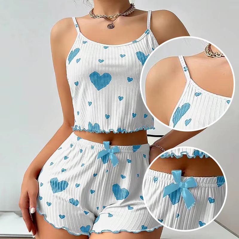 Women'S Pajamas Set Sleepwear 2 PCS Short Tank Tops and Shorts S M L White Ventilate Soft Casual Love Printing - Avero