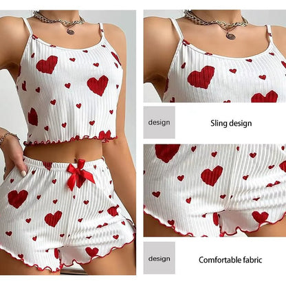 Women'S Pajamas Set Sleepwear 2 PCS Short Tank Tops and Shorts S M L White Ventilate Soft Casual Love Printing - Avero
