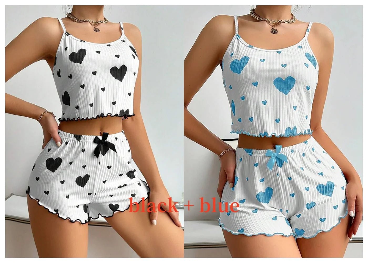 Women'S Pajamas Set Sleepwear 2 PCS Short Tank Tops and Shorts S M L White Ventilate Soft Casual Love Printing - Avero