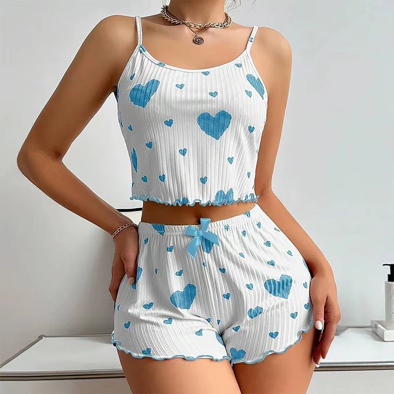 Women'S Pajamas Set Sleepwear 2 PCS Short Tank Tops and Shorts S M L White Ventilate Soft Casual Love Printing - Avero