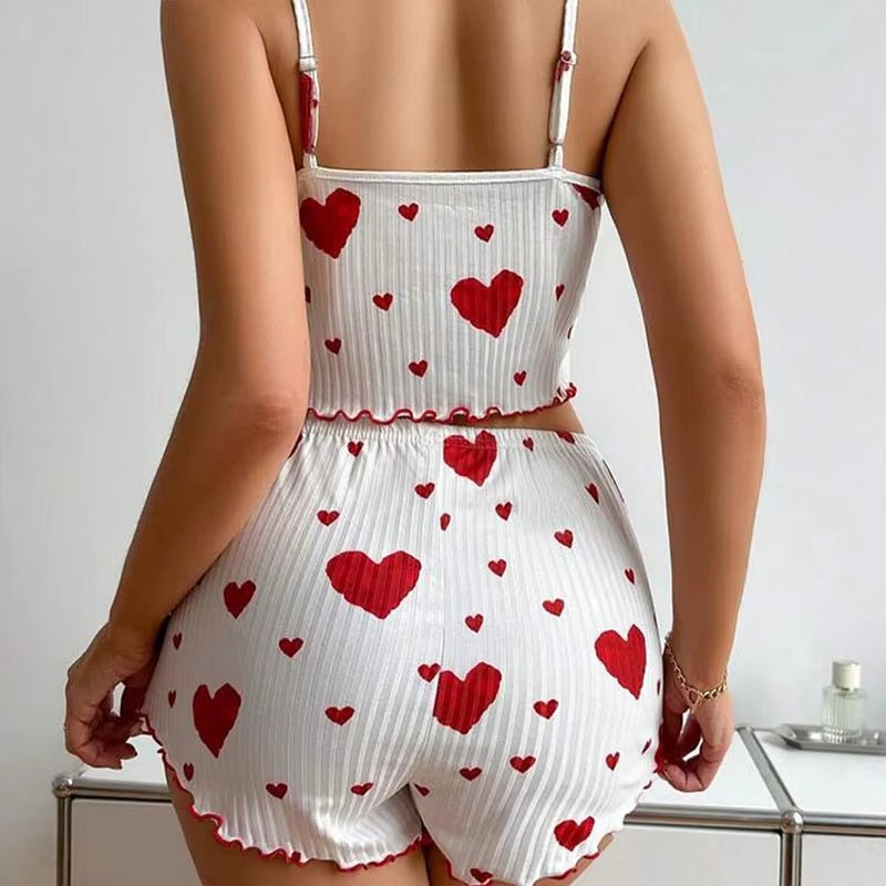 Women'S Pajamas Set Sleepwear 2 PCS Short Tank Tops and Shorts S M L White Ventilate Soft Casual Love Printing - Avero
