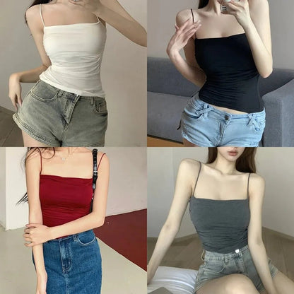 Women's Sleeveless Top Tank Underwear Fitted Camisole Sexy Short Top With Thin Straps Plain White Tank Top Korean Style - Avero