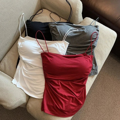 Women's Sleeveless Top Tank Underwear Fitted Camisole Sexy Short Top With Thin Straps Plain White Tank Top Korean Style - Avero