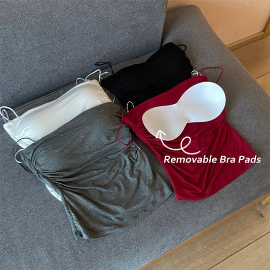 Women's Sleeveless Top Tank Underwear Fitted Camisole Sexy Short Top With Thin Straps Plain White Tank Top Korean Style - Avero