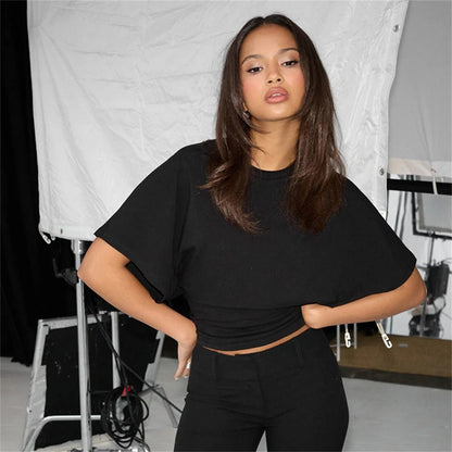 Women's Summer Loose Half Sleeve T-Shirt Tops O - Neck Waist Slimming Sweet Hottie Design Sense Positive Shoulder Chic Tees Top - Avero