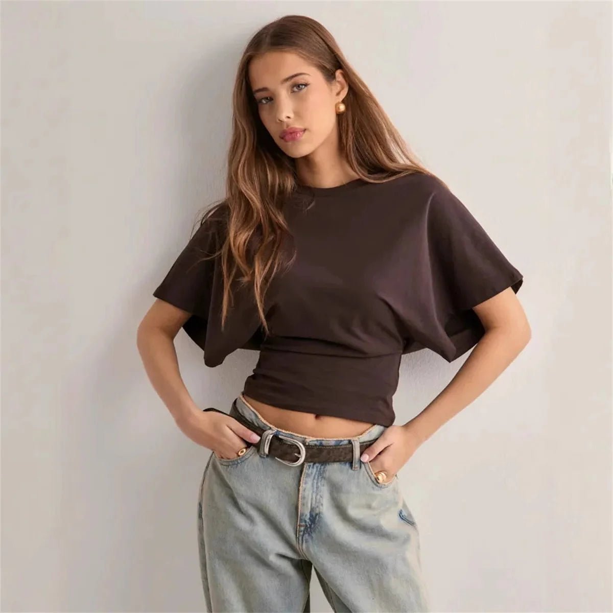 Women's Summer Loose Half Sleeve T-Shirt Tops O - Neck Waist Slimming Sweet Hottie Design Sense Positive Shoulder Chic Tees Top - Avero