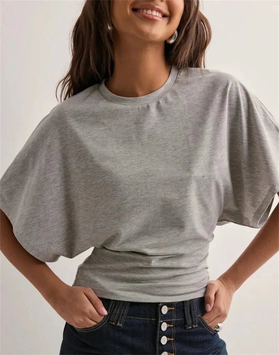Women's Summer Loose Half Sleeve T-Shirt Tops O - Neck Waist Slimming Sweet Hottie Design Sense Positive Shoulder Chic Tees Top - Avero