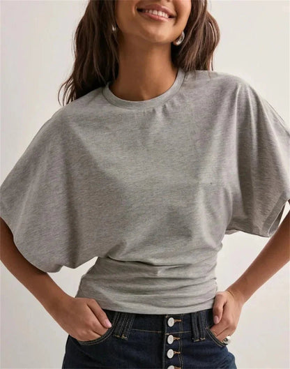 Women's Summer Loose Half Sleeve T-Shirt Tops O - Neck Waist Slimming Sweet Hottie Design Sense Positive Shoulder Chic Tees Top - Avero
