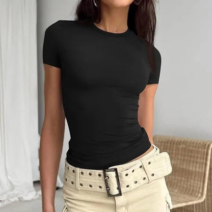 Women's Summer Loose Half Sleeve T-Shirt Tops O - Neck Waist Slimming Sweet Hottie Design Sense Positive Shoulder Chic Tees Top - Avero