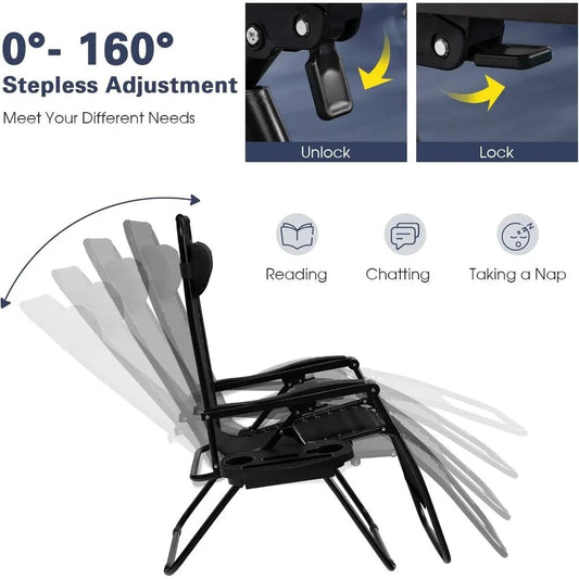 Zero Gravity Lounge Chairs, 160°Adjustable Folding Recliner w/Pillow and Cup Holder, 350LBS Comfy Outdoor Lounge Chairs for Pat - Avero