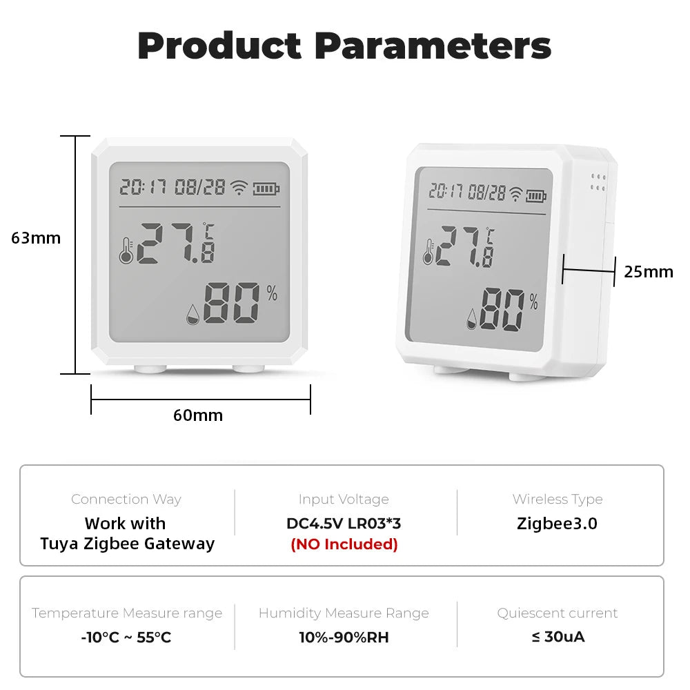 Zigbee Temperature Humidity Sensor with Tuya APP LCD Screen Digital Display Wireless Thermometer Work with Black or White Color - Avero